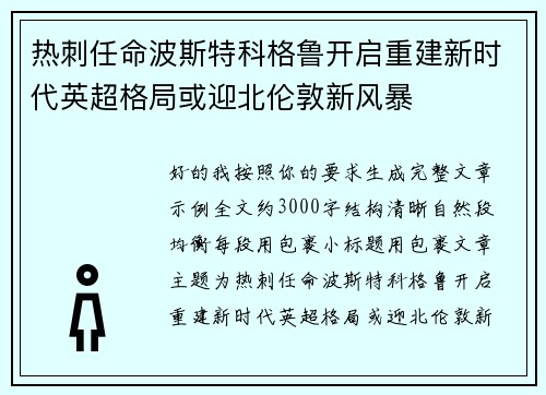热刺任命波斯特科格鲁开启重建新时代英超格局或迎北伦敦新风暴